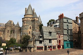 Medieval houses in front of the castle of Vitre, Brittany