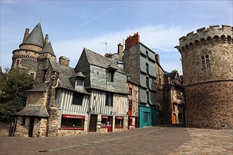 Medieval houses in front of the castle of Vitre, Brittany
