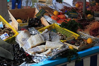 Fish and seafood at the market in Souillac in the Lot department in the far north-west of the Occitanie region of southern France,