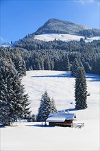 Wonderful winter landscape with blue sky and sunshine. Sonthofen, Oberallgaeu