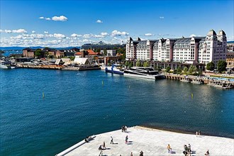 View from above of Oslofjord and jetty with harbour warehouse, forecourt of the opera
