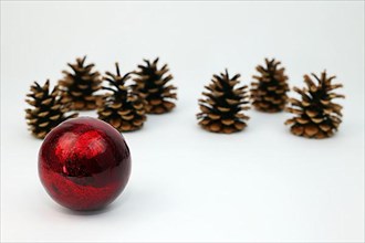 Red Christmas tree ball and fir cone or pine cone cropped against a white background with focus gradient,