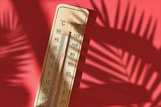 Wooden thermometer showing 40 degrees Celsius or 104 degrees Fahrenheit during summer heat wave,