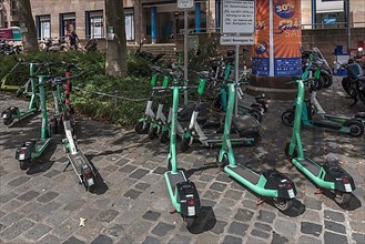 Electric scooters parked indiscriminately in a pedestrian zone, Nuremberg
