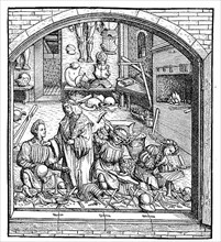 View from the street into the workshop of a gunsmith around the year 1500, facsimile of the woodcut by Hans Burgkmair