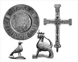 Liturgical devices of the Middle Ages, on the upper left a paten or discos