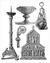 Liturgical utensils of the Middle Ages, on the left an altar candlestick