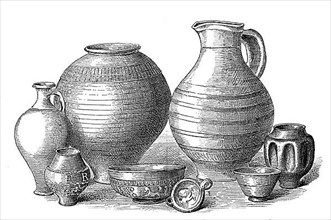 Clay vessels from the Roman period, from the left a bottle