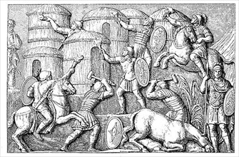 Destruction of the huts in a deserted village in front of the arrival of the enemies, from a relief on the Victory Column by Marcus Aurelius