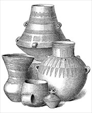 Five different vessels made of clay of the Younger Iron Age, Germany