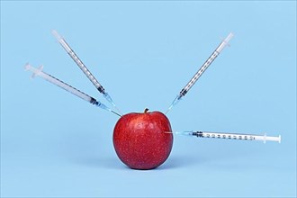 Apple being injected with syringes. Concept for genetically modified organism,