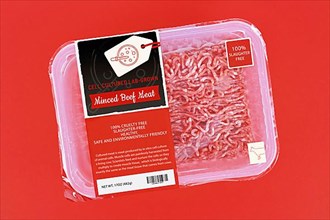 Cell cultured lab grown meat concept for artificial in vitro production with packed raw minced meat with made up label,