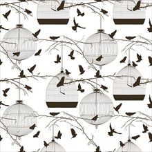 Vector seamless pattern with birds and cages,