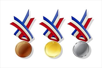 French medals in gold, silver and bronze with national flag. Isolated vector objects over white background