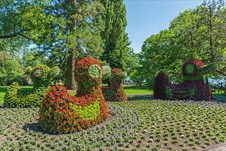 Flower sculptures in flower island of Lake Constance. Mainau Island, Baden-Wurttemberg