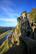 View from the Bastei to the Elbe with tree in the foreground. Lohmen, Rathern