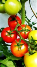 Tomatoes on the plant in front of harvest. Ripe and unripe tomatoes on the panicle,