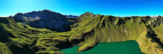 The Schrecksee is a small high-mountain lake with an impressive panorama. Hinterstein, Allgaeu Alps