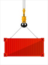 Red freight shipping container hanging on crane hook,