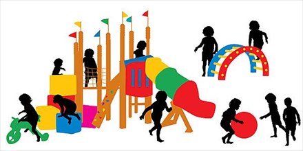 Children silhouettes at the playground, vector illustration