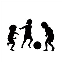 Vector silhouette of children playing soccer, isolated