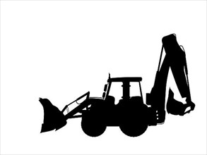 Vector silhouette of a tractor with bulldozer and excavator attachment,
