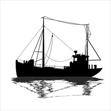 Fishing ship silhouette over white background,