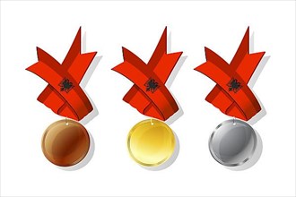 Albanian medals in gold, silver and bronze with national flag. Isolated vector objects over white background