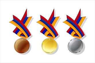 Armenian medals in gold, silver and bronze with national flag. Isolated vector objects over white background