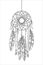 Dreamcatcher vector drawing outlined over white background,