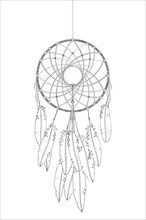 Dreamcatcher vector drawing outlined over white background,