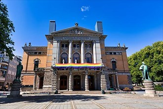 National Theatre decorated with rainbow flag, sign of solidarity