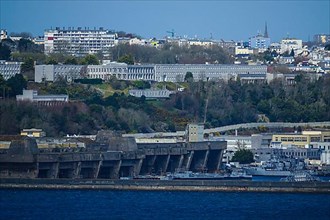 View from the Pointe des Espagnols viewpoint in Roscanvel across the bay to the former submarine repair yard, largest WW2 bunker in Brest