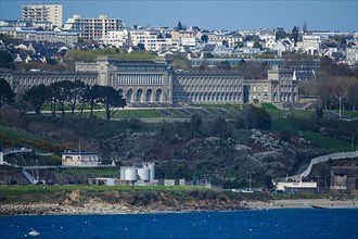 View from the Pointe des Espagnols viewpoint in Roscanvel across the bay to the Lycee Naval de Brest naval school, Crozon Peninsula