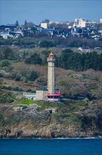 View from the Pointe des Espagnols viewpoint in Roscanvel across the bay to the Phare du Porzic lighthouse in Brest, Crozon Peninsula