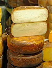 Cheese loaves, cheese in one piece at a market stall in Holland