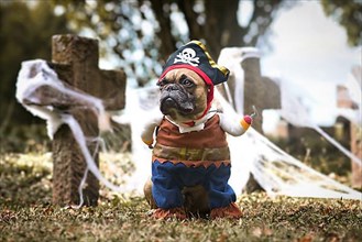 French Bulldog dog wearing pirate Halloween costume with hat and hook arm in front of graveyard covered in spider webs,