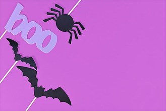 Halloween background with photo props on sticks in shape of black bats, spider and violet word boo on purple background with copy space