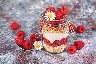 Healthy raspberry fruit dessert with skyr yogurt, granola and puffed quinoa grains layered in jar surrounded by ingredients