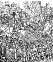 Bombardment and storming of a city by the troops of Maximilian I. Facsimile from the woodcut of the great Column of Honour Maximilian by Albrecht Duerer, Germany