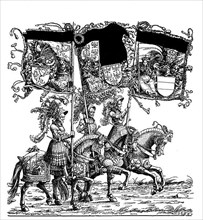 Riders with flags, group of Maximilian I. Facsimile by Hans Burgkmair Woodcut: Maximilian's triumphal procession is a monumental work from the 16th century