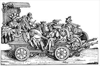 Coach with musicians, group of Maximilian I. Facsimile by Hans Burgkmair Woodcut: Maximilian's triumphal procession is a monumental work from the 16th century