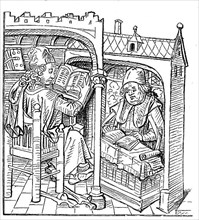 Scholars studying at reading desks, from the medieval house book from the 15th century