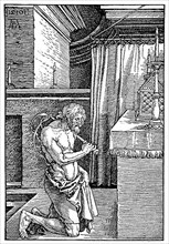 A penitent punishing himself, facsimile of a woodcut by Albrecht Duerer from 1510