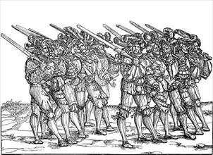 Foot soldiers armed with two-handed swords and daggers, facsimile of a woodcut in Hans Burgkmair's Triumphant Procession of Maximilian I at the beginning of the 16th century