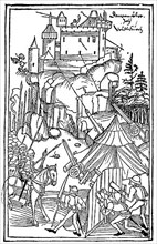 The bombardment of a rock fortress in the 15th century, Germany