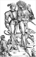 Young German noblewoman with dogs in the 15th century, facsimile of copper engravings