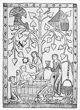A medieval guest being bathed by noble ladies, miniature