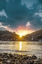 Sunset over the Rhine and the town panorama ofi Bacharach am Rhein, UNESCO World Heritage Upper Middle Rhine Valley