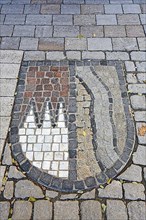 Pavement painting and coat of arms in the town centre of Volkach, Kitzingen